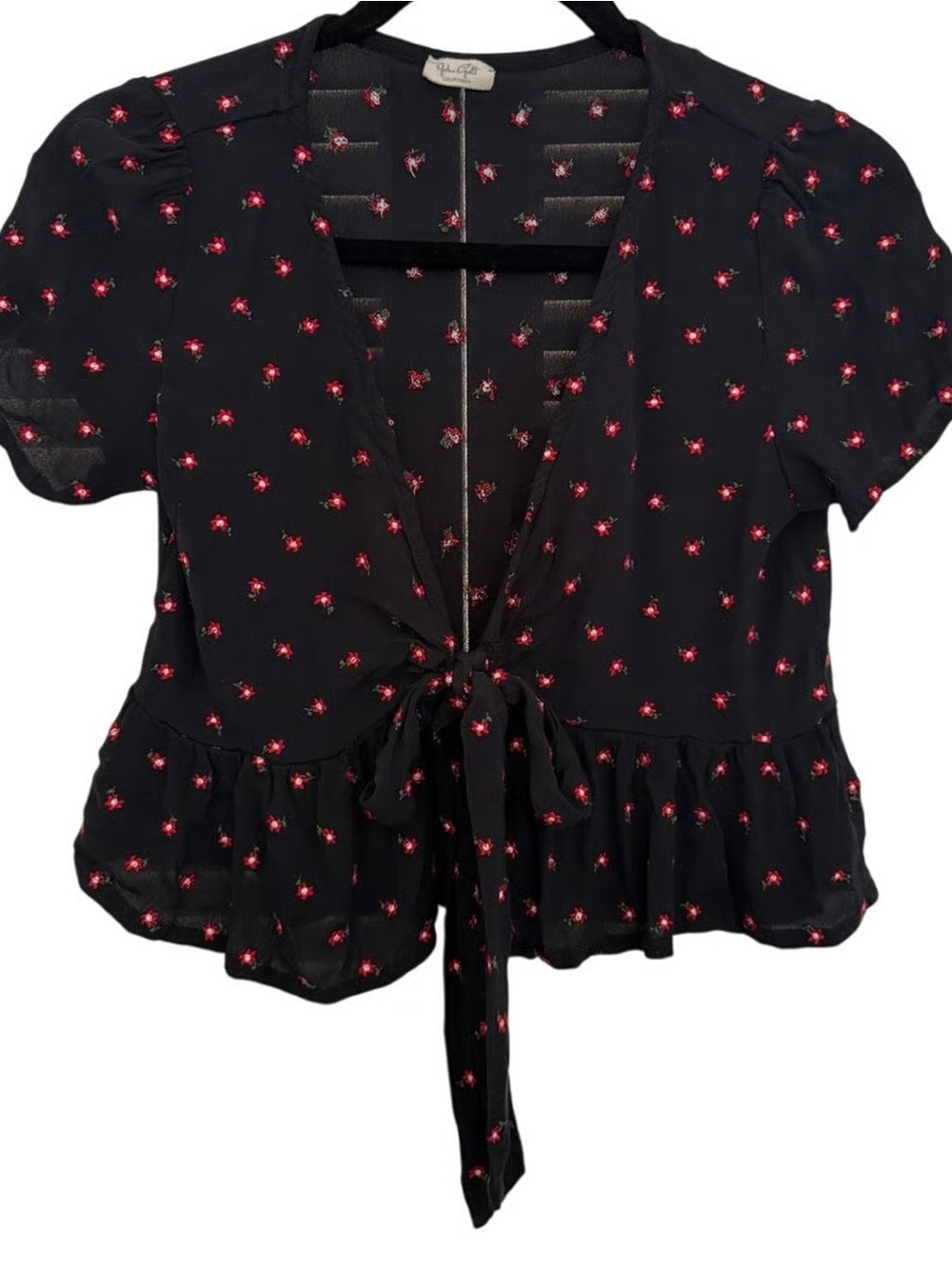 Brandy Melville John Gault Black Red Floral
Front Tie Babydoll Top